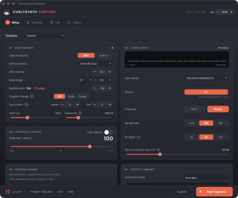 CurlySynth Capture user interface