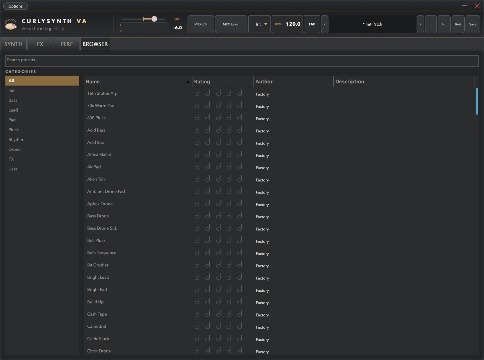 CurlySynth VA — Preset Browser