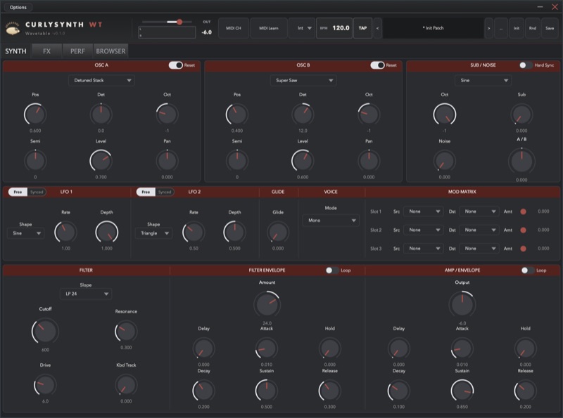 CurlySynth WT user interface